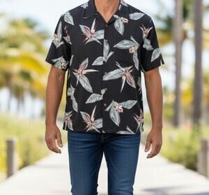 Banana Cabana Silk Hawaiian Shirt Mens XL Black Green Button Up 100% Silk